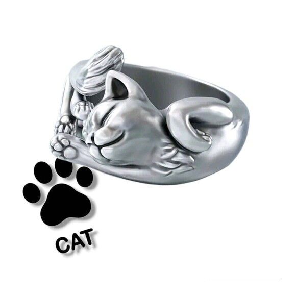 Silver 925 Retro Cat Original Opening Ring Adjustable Knuckle Women Kitty 6-7 - Picture 2 of 12